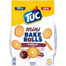 Slané krekry Tuc Bake Rolls mini - suchary typické svým kulatým tvarem s dírkou uprostřed, s příchutí barbeque