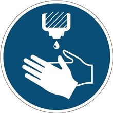 Etiketa  "Použijte dezinfekci rukou" - výstražná značka, snímatelná,  430 mm, modrá