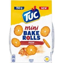Slané krekry Tuc Bake Rolls mini - suchary typické svým kulatým tvarem s dírkou uprostřed, s příchutí pizzy