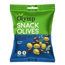 Olivy Olymp - směs vypeckovaných černých Kalamata a zelených oliv z Řecka s bylinkami, ideální volba pro rychlou, zdravou a chutnou svačinku