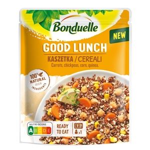Bonduelle Good Lunch –  quinoa, chutná kombinace bílé a červené quinoi, cizrny, kukuřice a mrkve. To vše s kapkou extra panenského olivového oleje a špetkou tymiánu