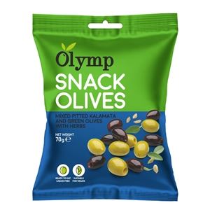 Olivy Olymp - směs vypeckovaných černých Kalamata a zelených oliv z Řecka s bylinkami, ideální volba pro rychlou, zdravou a chutnou svačinku