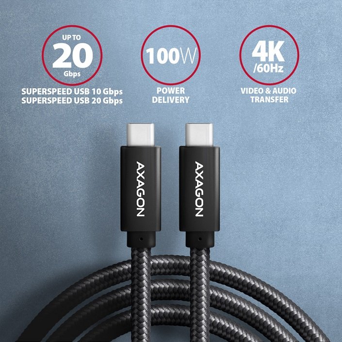 AXAGON kabel USB-C - USB-C SPEED+ USB3.2 Gen 2, PD100W 5A, 4K UHD, opletený, 1m, černá - obrázek č. 1